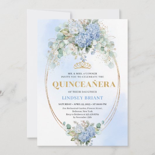 Classic Blue Floral Greenery Quinceañera Invite 招待状 (正面)
