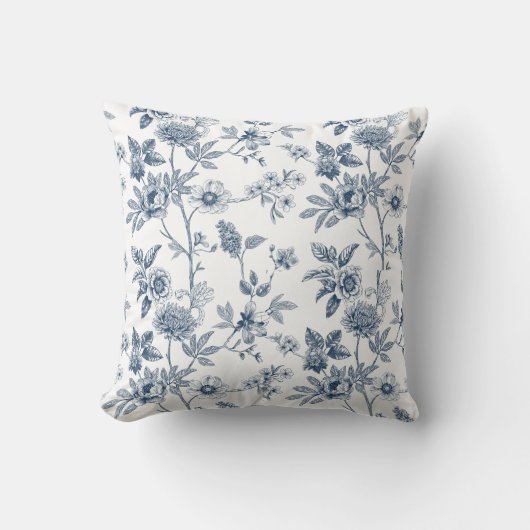 Classic Blue Floral Sketch Pattern  クッション (正面)