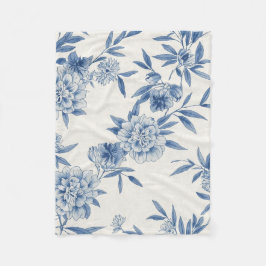 Classic Blue Floral Toile Watercolor Pattern White フリースブランケット
