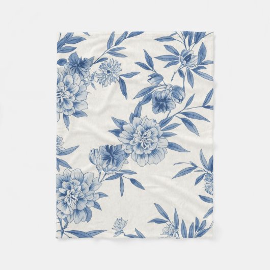 Classic Blue Floral Toile Watercolor Pattern White フリースブランケット (正面)
