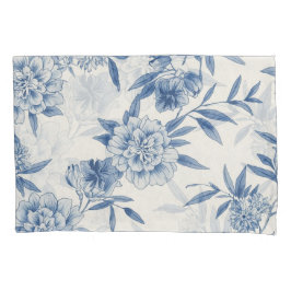 Classic Blue Floral Toile Watercolor Pattern White 枕カバー