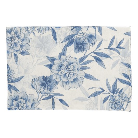 Classic Blue Floral Toile Watercolor Pattern White 枕カバー (正面)