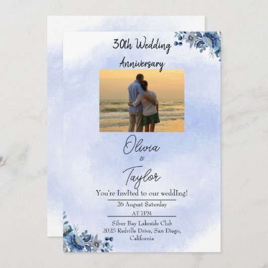 Classic Blue Floral Wedding Anniversary Invitation 招待状 (正面/裏面)