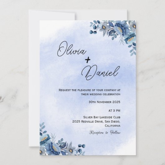 Classic Blue Floral Wedding Invitation 招待状 (正面)