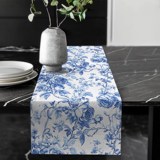 Classic Blue French Toile Roses Floral Table Runne ロングテーブルランナー