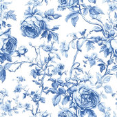 Classic Blue French Toile Roses Floral Table Runne ロングテーブルランナー