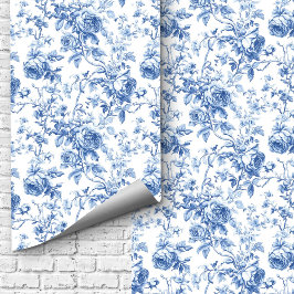 Classic Blue French Toile Roses Floral Wallpaper   壁紙