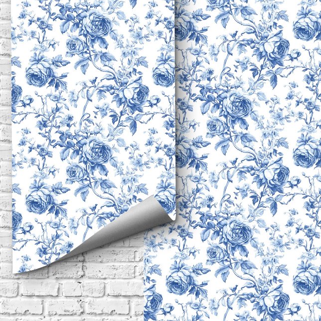 Classic Blue French Toile Roses Floral Wallpaper   壁紙 (Classic Blue French Toile Roses Floral Wallpaper Design)