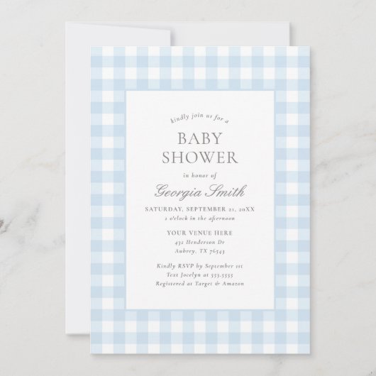 Classic Blue Gingham Boy Baby Shower 招待状 (正面)