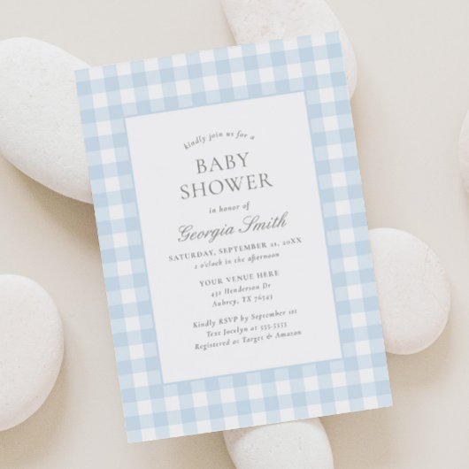 Classic Blue Gingham Boy Baby Shower 招待状
