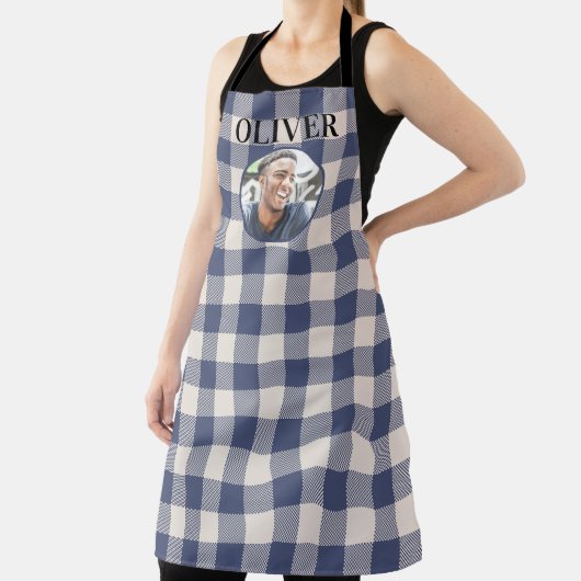 Classic Blue Gingham Plaid Custom Name & Photo エプロン (インサイチュ)