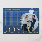 Classic Blue Gold Plaid Joyful Bulb Photo 箔シーズンカード (正面)