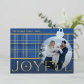 Classic Blue Gold Plaid Joyful Bulb Photo 箔シーズンカード (立ち正面)