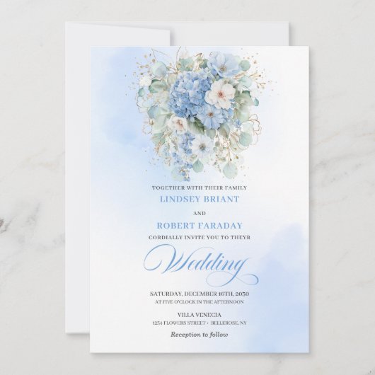 Classic Blue Hydrangea Gold Floral Wedding Invite 招待状 (正面)