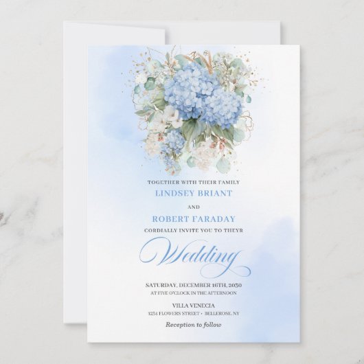 Classic Blue Hydrangea Watercolor Wedding Invitе 招待状 (正面)