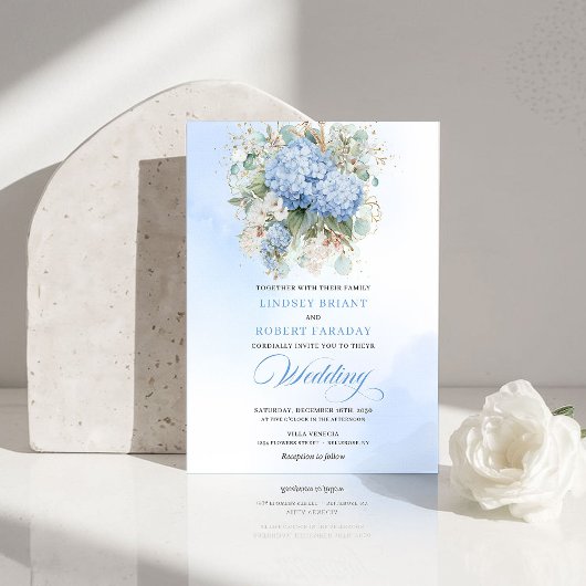 Classic Blue Hydrangea Watercolor Wedding Invitе 招待状