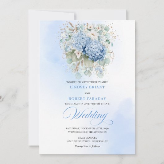 Classic Blue Hydrangea Watercolor Wedding Invite 招待状 (正面)