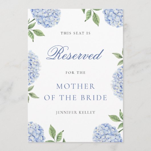 Classic Blue Hydrangea Wedding Reserved  Seat Card 招待状 (正面)