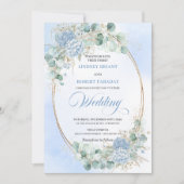 Classic Blue Hydrangea Wheat Gold Wedding Invite 招待状 (正面)