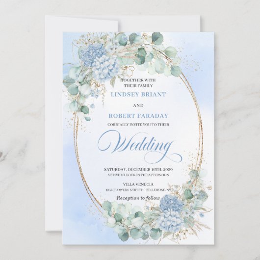 Classic Blue Hydrangea Wheat Gold Wedding Invite 招待状 (正面)