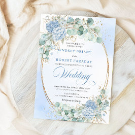 Classic Blue Hydrangea Wheat Gold Wedding Invite 招待状