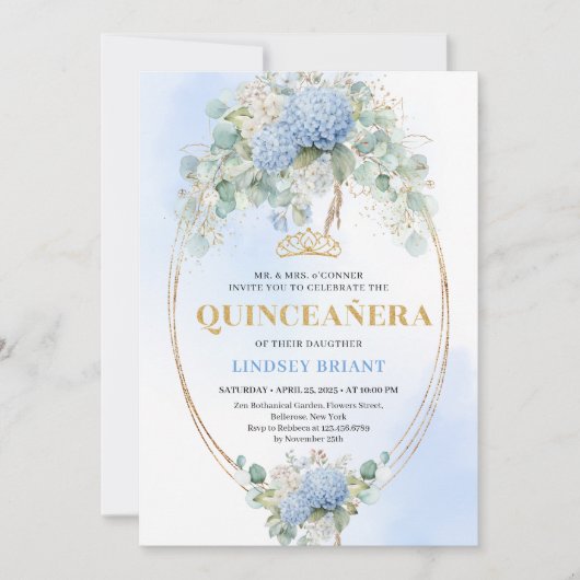 Classic Blue Hydrangeas Eucalyptus Quince Invite 招待状 (正面)