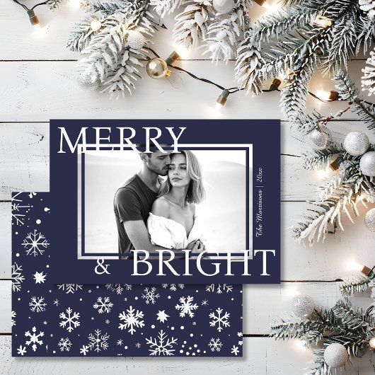 Classic Blue Merry & Bright Bold Snowflake Photo シーズンカード