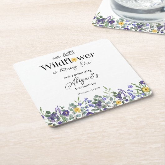 Classic Blue Our Little Wildflower 1st Birthday スクエアペーパーコースター (アングル)