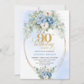 Classic Blue Peony Gold Accent 90th Birthday Card 招待状 (正面)