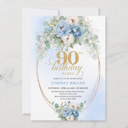 Classic Blue Peony Gold Accent 90th Birthday Card 招待状 (正面)