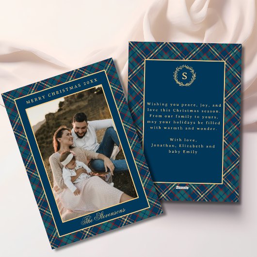 Classic Blue Plaid Vintage Wreath Photo Christmas シーズンカード