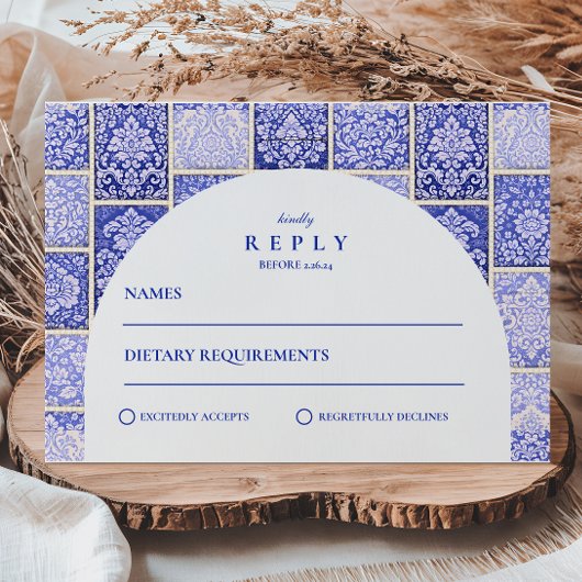 Classic Blue Porcelain Patchwork Wedding 出欠カード