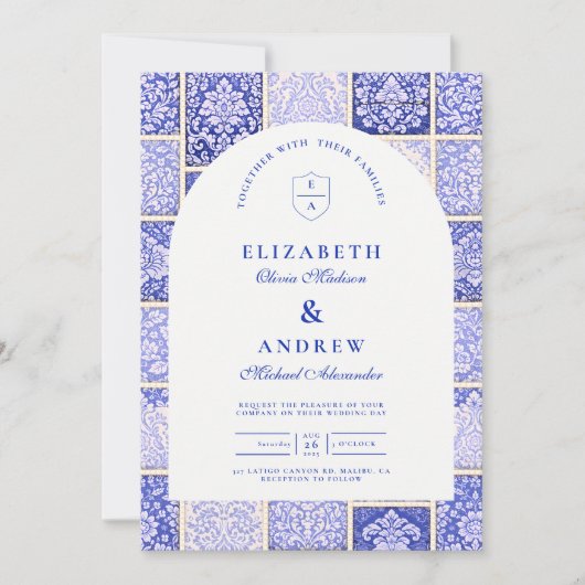 Classic Blue Porcelain Patchwork Wedding 招待状 (正面)