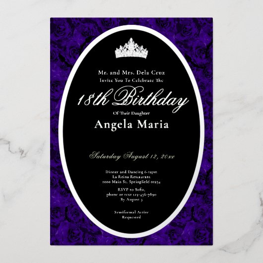 Classic Blue Roses 18th Birthday Debut Silver 箔招待状 (正面)