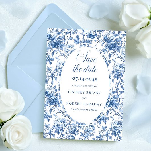Classic Blue Roses Toile Save the Date Wedding   招待状