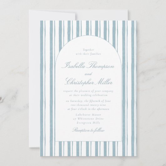 Classic Blue Stripe Arch Wedding Invitation 招待状 (正面)