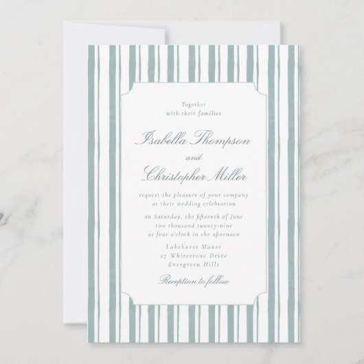 Classic Blue Stripe Elegant Wedding Invitation 招待状 (正面)