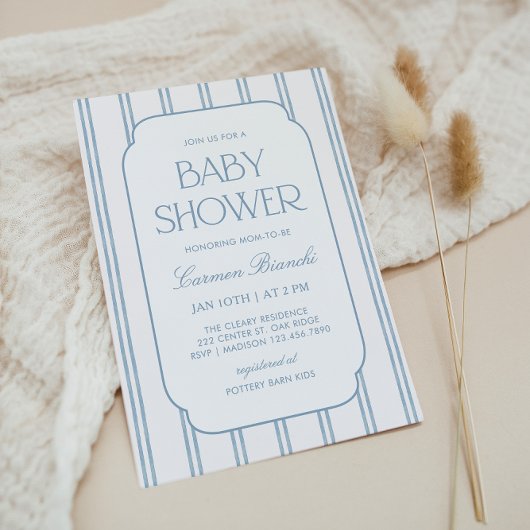Classic Blue Striped Baby Shower Invitation 招待状