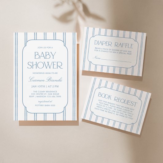 Classic Blue Striped Baby Shower Invitation 招待状