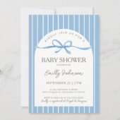 Classic Blue Stripes Painted Bow Baby Boy Shower 招待状 (正面)