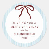 Classic Blue Stripes Red Bow Merry Christmas ラウンドシール (正面)