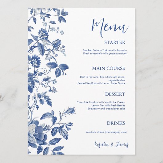 Classic Blue Toile Botanical Wedding Dinner メニュー (正面)