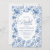 Classic Blue Toile de Jouy Floral Bridal Shower   招待状 (正面)