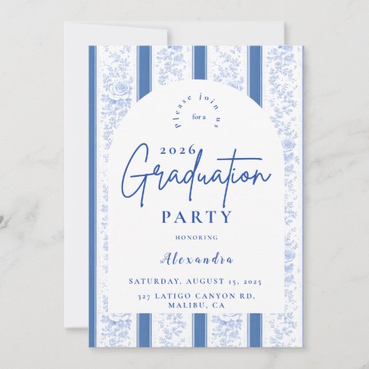 Classic Blue Toile Graduation Party 招待状 (正面)