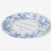 Classic blue toile roses wedding reception table ペーパープレート (アングル)