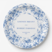 Classic blue toile roses wedding reception table ペーパープレート (正面)