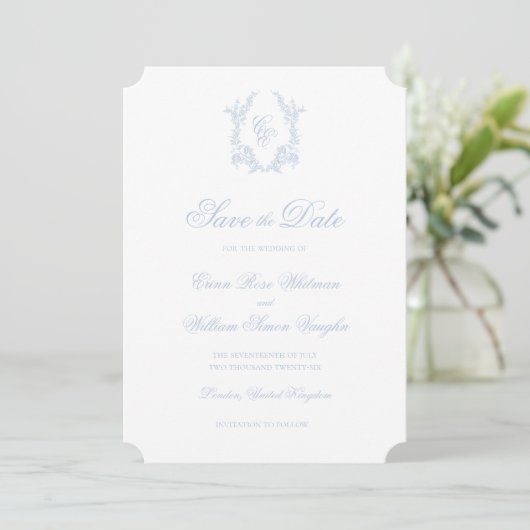 Classic Blue Wedding Crest Save The Date Invite 招待状 (スタンド正面)