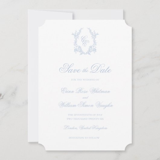 Classic Blue Wedding Crest Save The Date Invite 招待状 (正面)