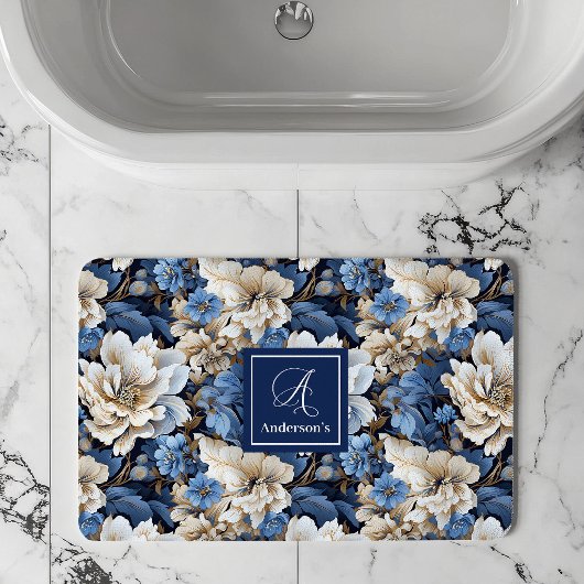 Classic Blue White Flowers Custom Name Bath Mat バスマット