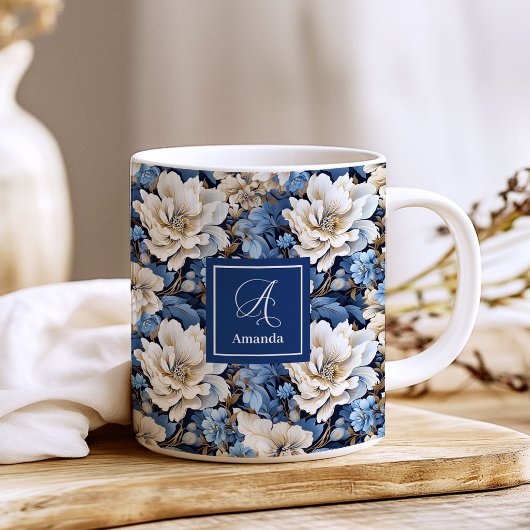 Classic Blue White Flowers Custom Name Coffee Mug コーヒーマグカップ